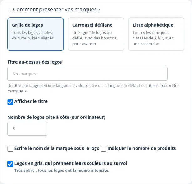 Étape 1 : présentation, titre, nombre de logos, options d'affichage