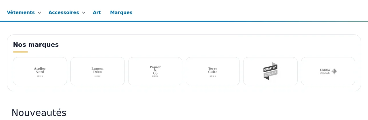 Bloc « Nos marques » en grille de logos sur la page d'accueil