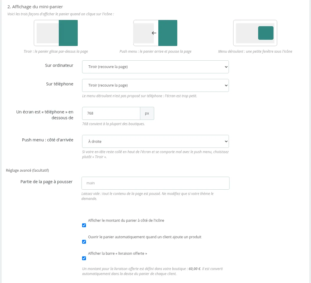 Section « 2. Affichage du mini-panier » : schémas des trois modes, choix ordinateur et téléphone, côté du push menu, réglage avancé et trois cases