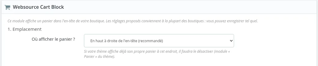 Section « 1. Emplacement » : choix de l'endroit où afficher le panier