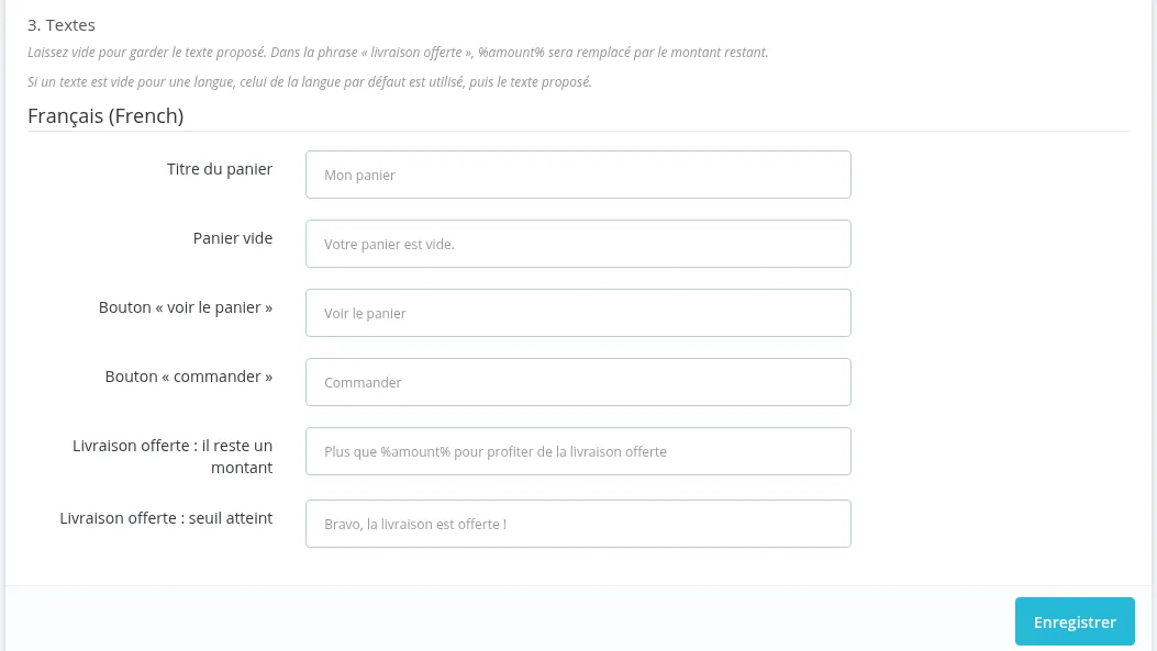 Section « 3. Textes » : six textes par langue et bouton Enregistrer