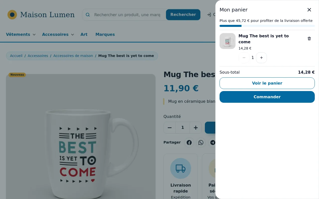 Mini-panier en tiroir sur la boutique de test, juste après l'ajout d'un mug : barre « livraison offerte », produit, quantité, sous-total, boutons « Voir le panier » et « Commander »