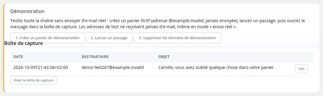 Démonstration : les trois boutons et la boîte de capture