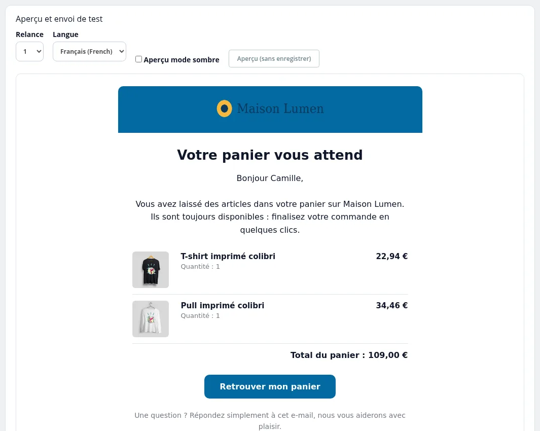 Aperçu d'une relance