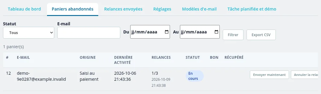 Onglet « Paniers abandonnés »
