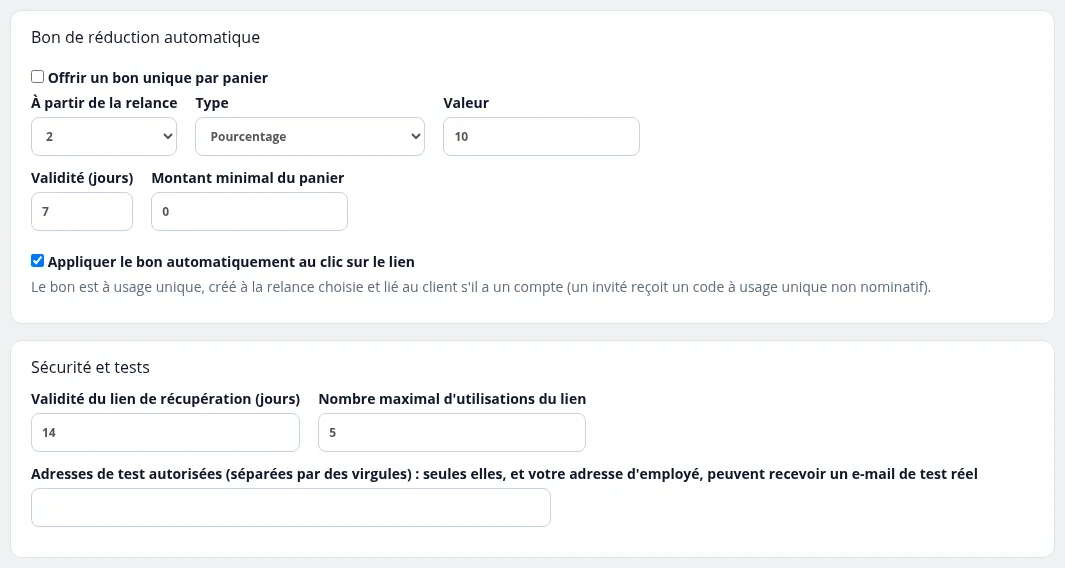 Réglages : bon de réduction, sécurité et tests