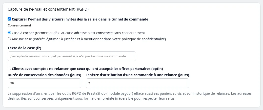 Réglages : capture de l'e-mail et consentement