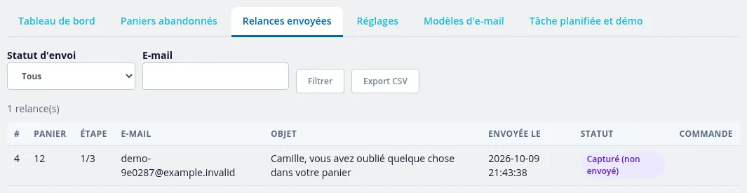 Onglet « Relances envoyées »