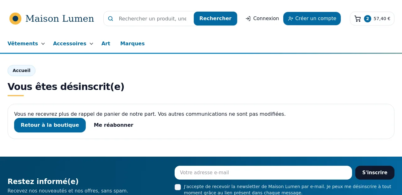 Page affichée après un clic sur le lien de désinscription