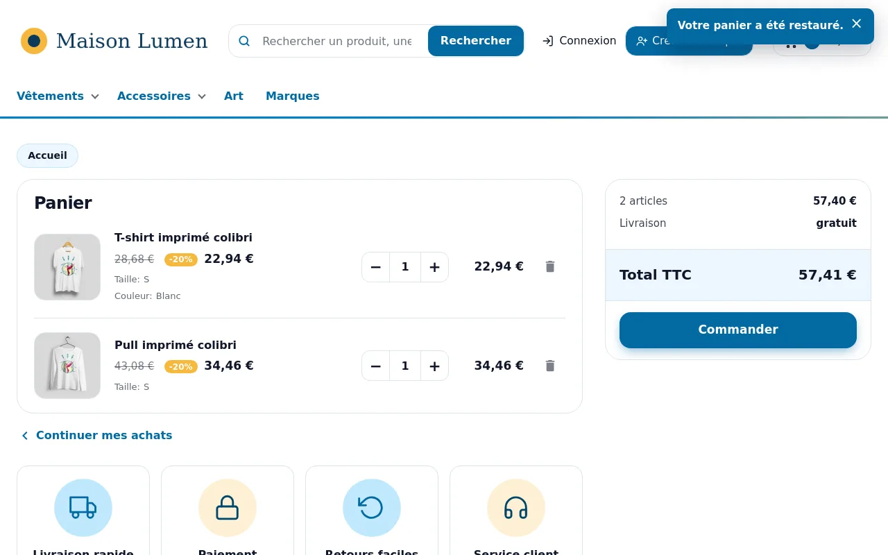 Panier rouvert par le lien de récupération, avec le message « Votre panier a été restauré. »