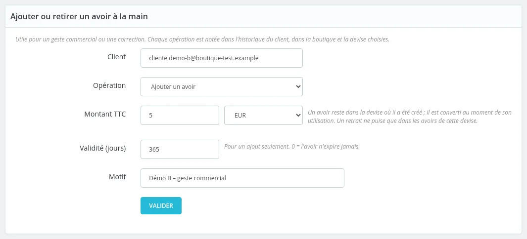 Formulaire « Ajouter ou retirer un avoir à la main »