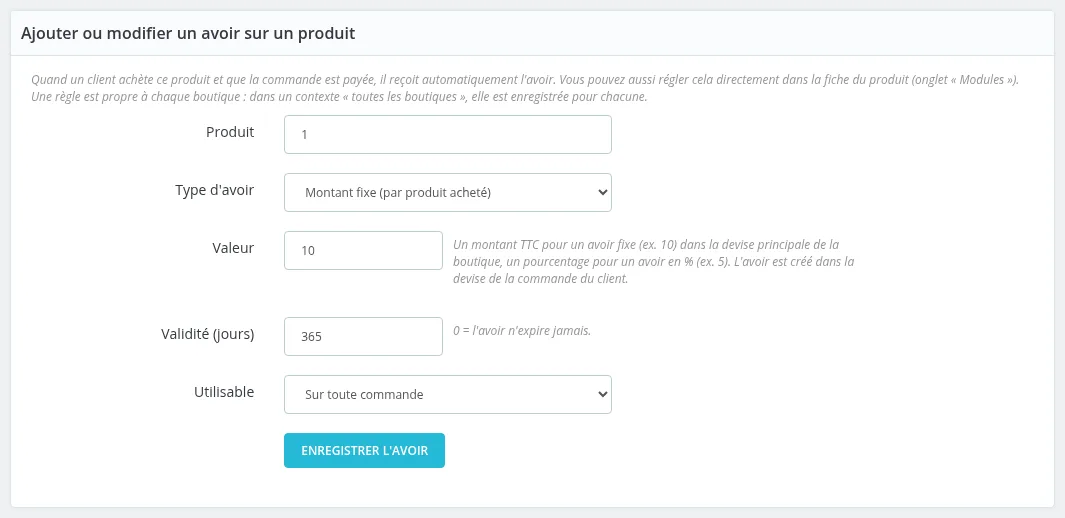 Création d'un avoir de 10 € sur un produit