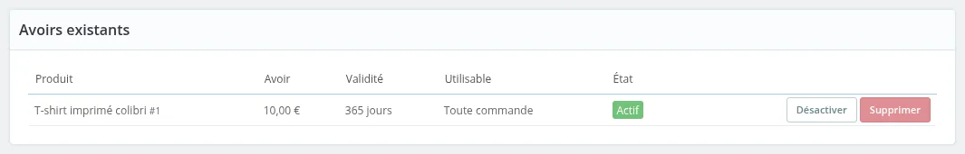 Liste « Avoirs existants »