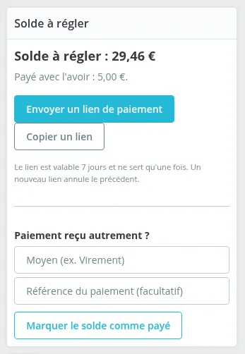 Encart « Solde à régler » dans la colonne latérale d'une commande