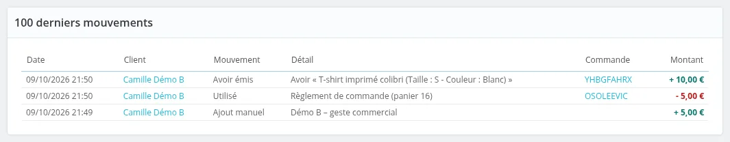 Onglet « Derniers mouvements »