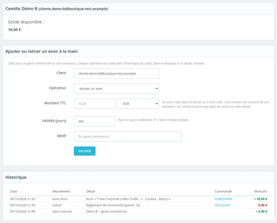 Fiche d'un client : solde disponible, ajustement et historique
