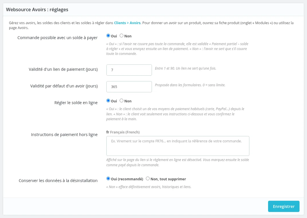 Page « Websource Avoirs : réglages »