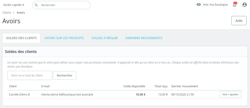 Onglet « Soldes des clients »