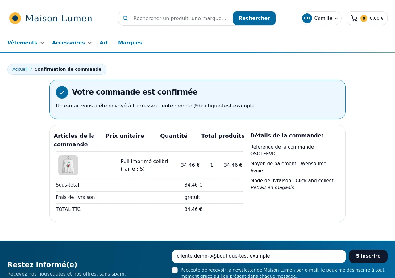 Confirmation de la commande payée en partie avec l'avoir