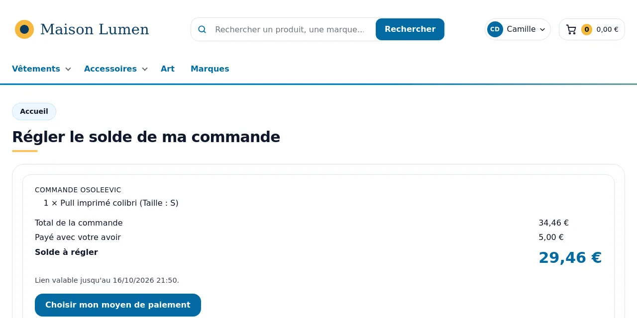 Page « Régler le solde de ma commande » ouverte depuis le lien