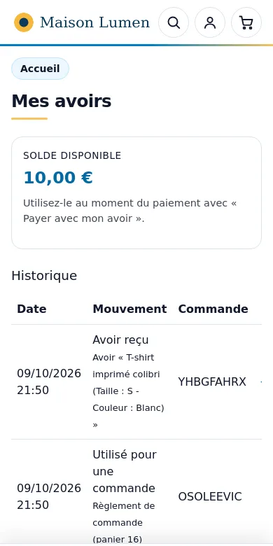 Page « Mes avoirs » sur un téléphone