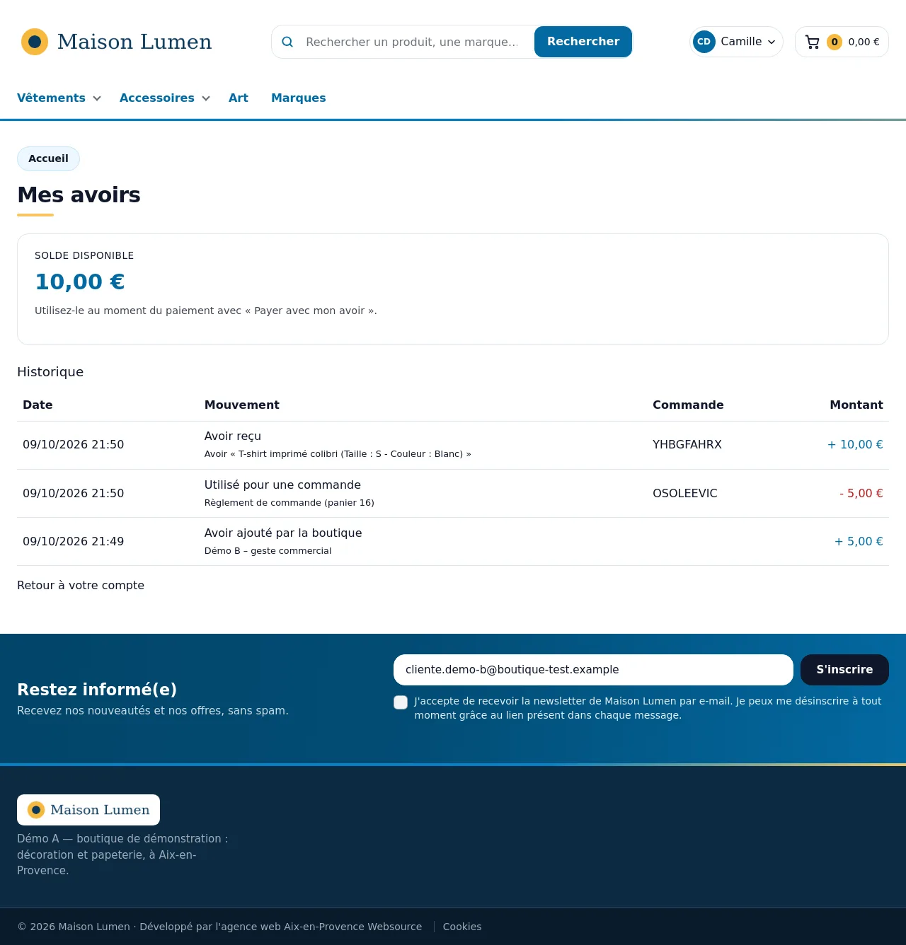 Page « Mes avoirs » : solde disponible et historique