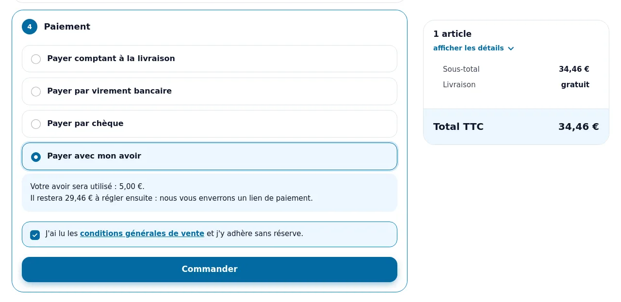 Paiement d'une commande avec « Payer avec mon avoir » : avoir utilisé et solde restant