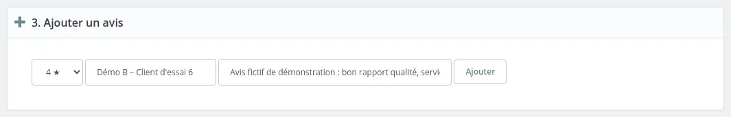 Panneau « 3. Ajouter un avis »