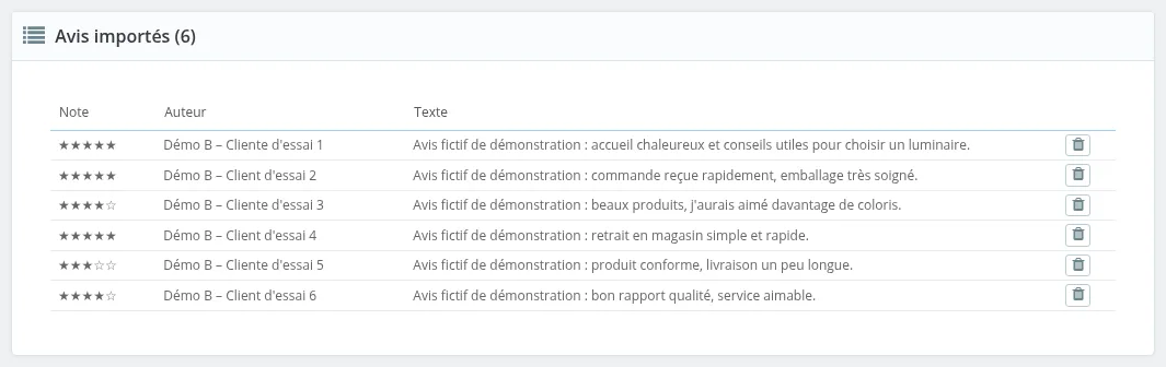 Liste des avis importés, avec la corbeille de suppression
