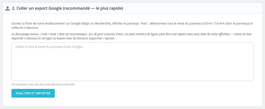 Panneau « 2. Coller un export Google »