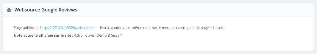 Résumé : adresse de la page publique et note actuelle