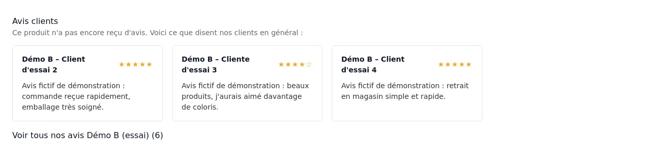 Bloc « Avis clients » en bas d'une fiche produit (données d'essai)