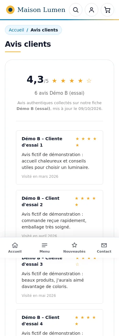 Page « Avis clients » sur un téléphone (données d'essai)