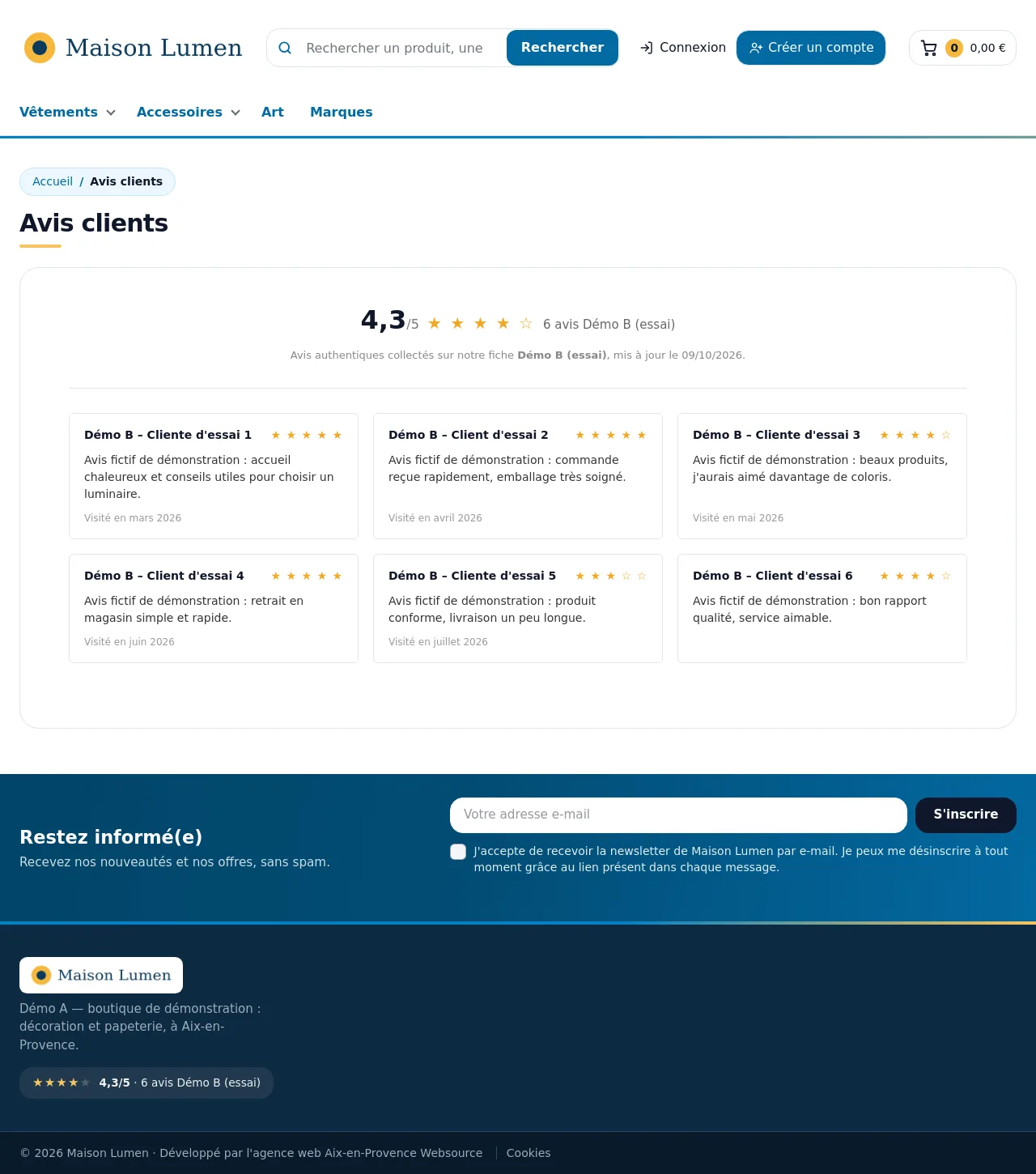 Page « Avis clients » : note moyenne et avis (données d'essai)
