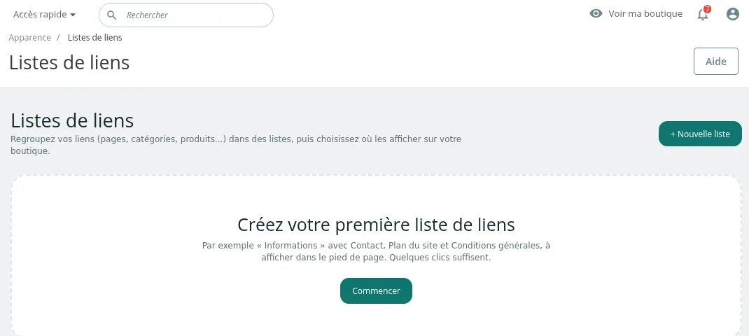 Écran d'accueil du module avant la première liste : bouton « + Nouvelle liste » et invitation « Créez votre première liste de liens »