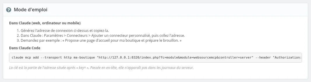 Mode d'emploi affiché dans le module, pour Claude et pour Claude Code
