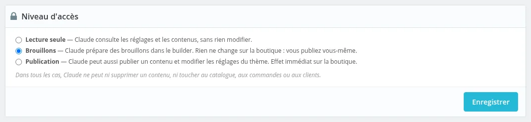 Niveau d'accès du connecteur : Lecture seule, Brouillons ou Publication