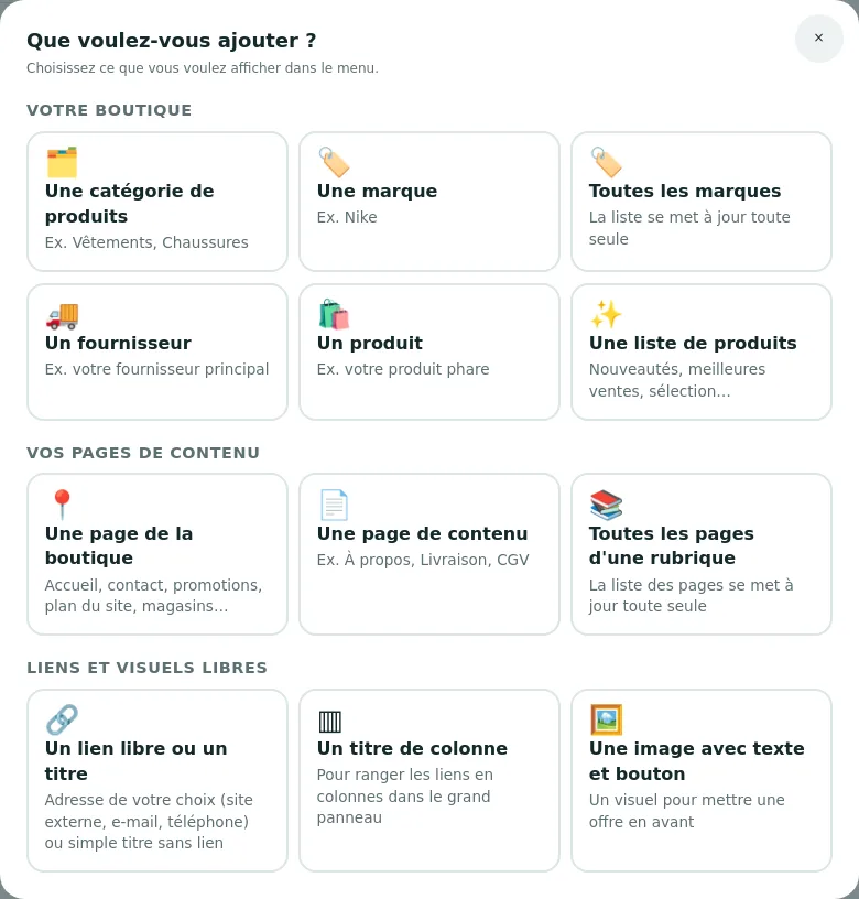 Fenêtre « Que voulez-vous ajouter ? » : douze types d'éléments en trois familles