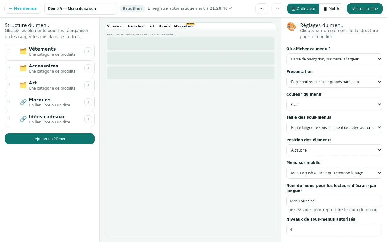 Éditeur avec les « Réglages du menu » à droite : emplacement, présentation, couleur, taille des sous-menus, position, menu mobile
