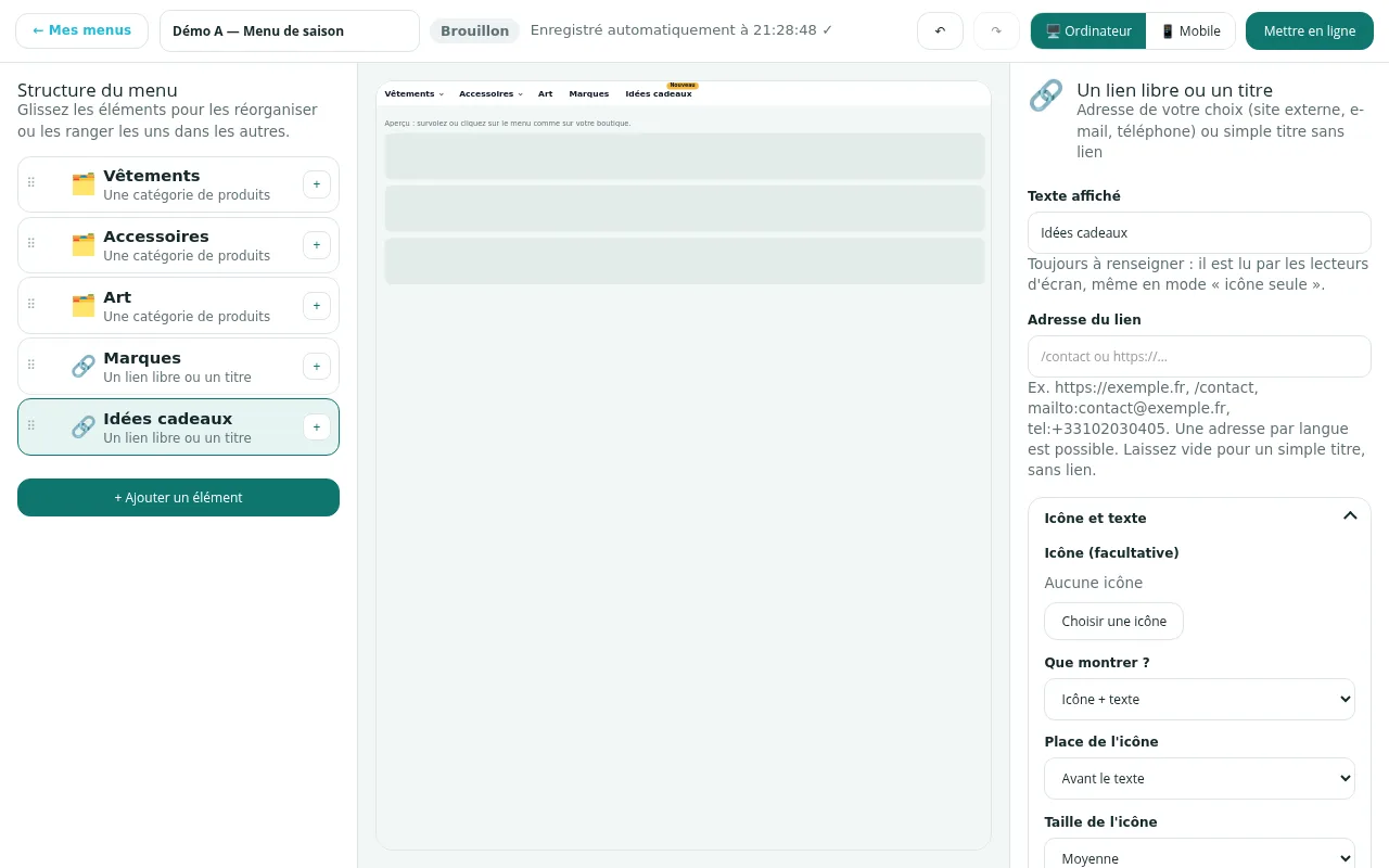Éditeur : structure du menu à gauche, aperçu au centre avec la pastille « Nouveau », réglages de l'élément « Idées cadeaux » à droite
