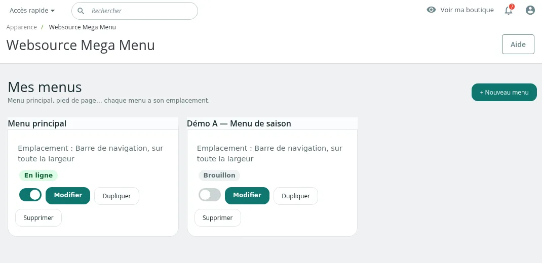 Écran « Mes menus » : le menu principal en ligne et un second menu en brouillon