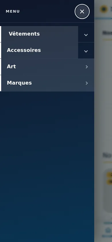 Le même menu sur un téléphone : tiroir « Menu » ouvert, avec une flèche pour déplier chaque sous-menu