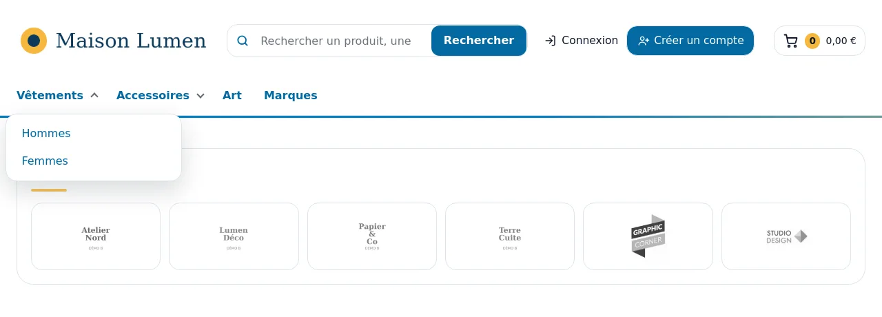 Menu principal de la boutique de test : sous-menu « Vêtements » ouvert au survol, avec les sous-catégories Hommes et Femmes