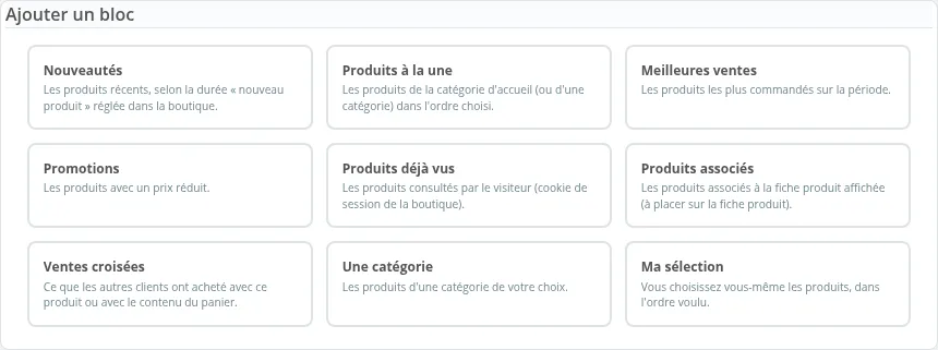 Les neuf sources proposées dans « Ajouter un bloc »