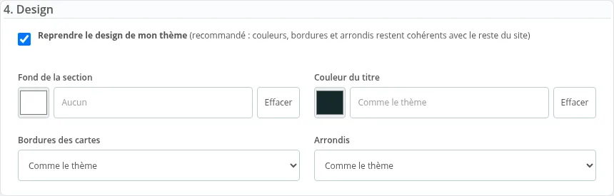 Section 4 : design du thème, fond, couleur du titre, bordures et arrondis