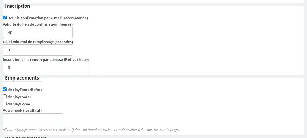 Réglages d'inscription et emplacements du formulaire