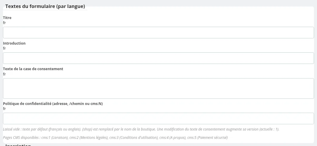 Textes du formulaire, langue par langue