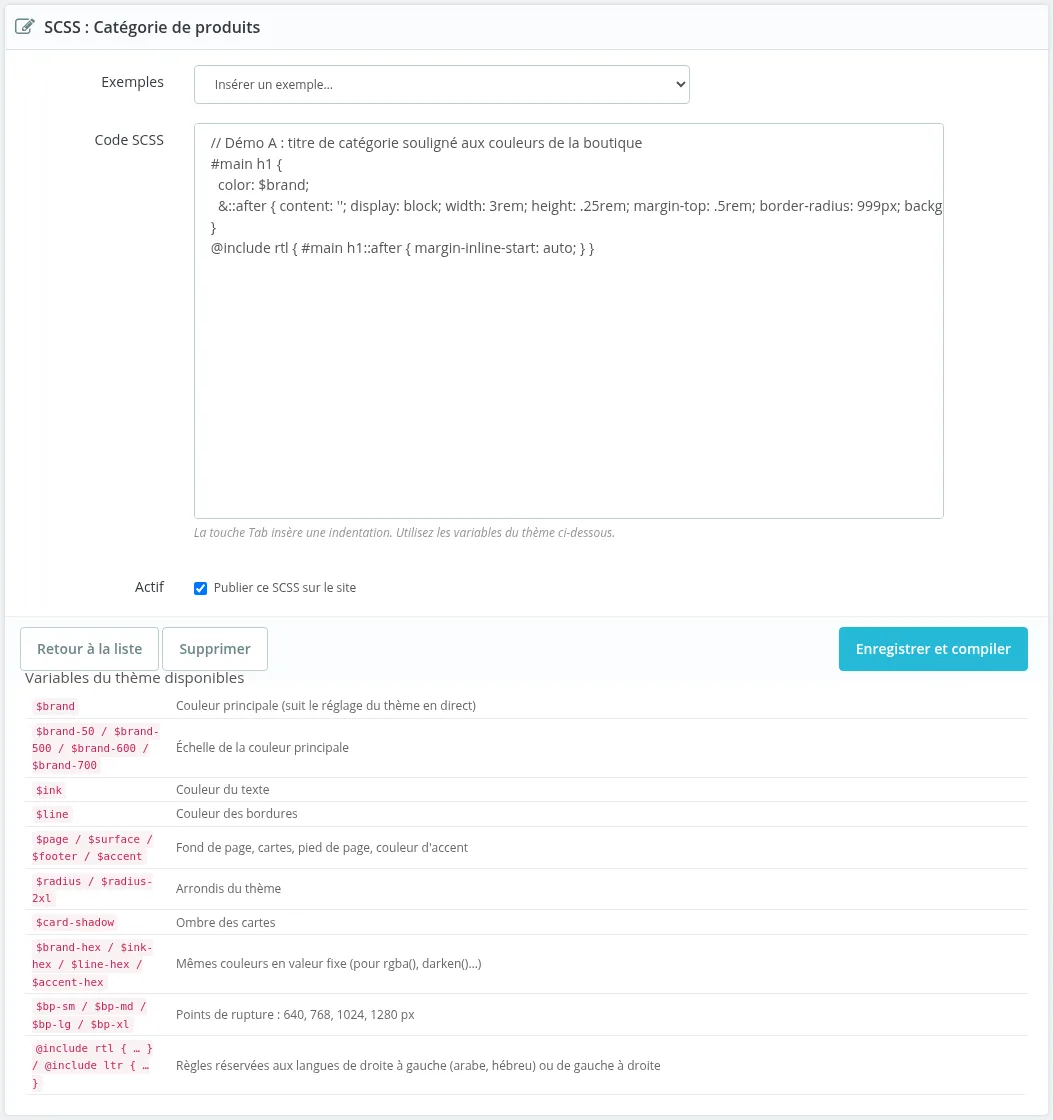Éditeur « SCSS : Catégorie de produits » : liste d'exemples, zone de code, case « Publier ce SCSS sur le site », boutons et tableau des variables du thème