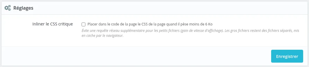 Panneau « Réglages » : case « Inliner le CSS critique » et bouton Enregistrer