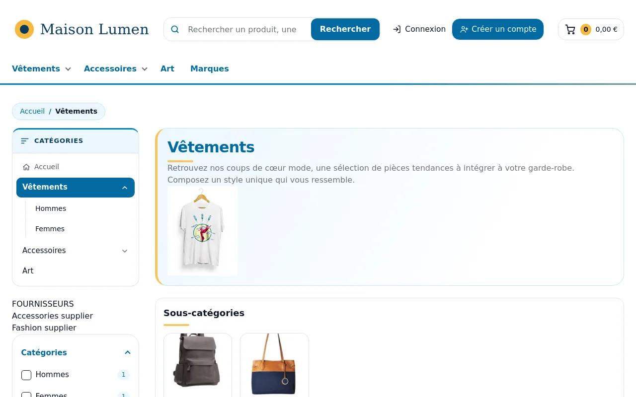 Page de catégorie de la boutique de test : le titre « Vêtements » prend la couleur principale et un filet de la couleur d'accent
